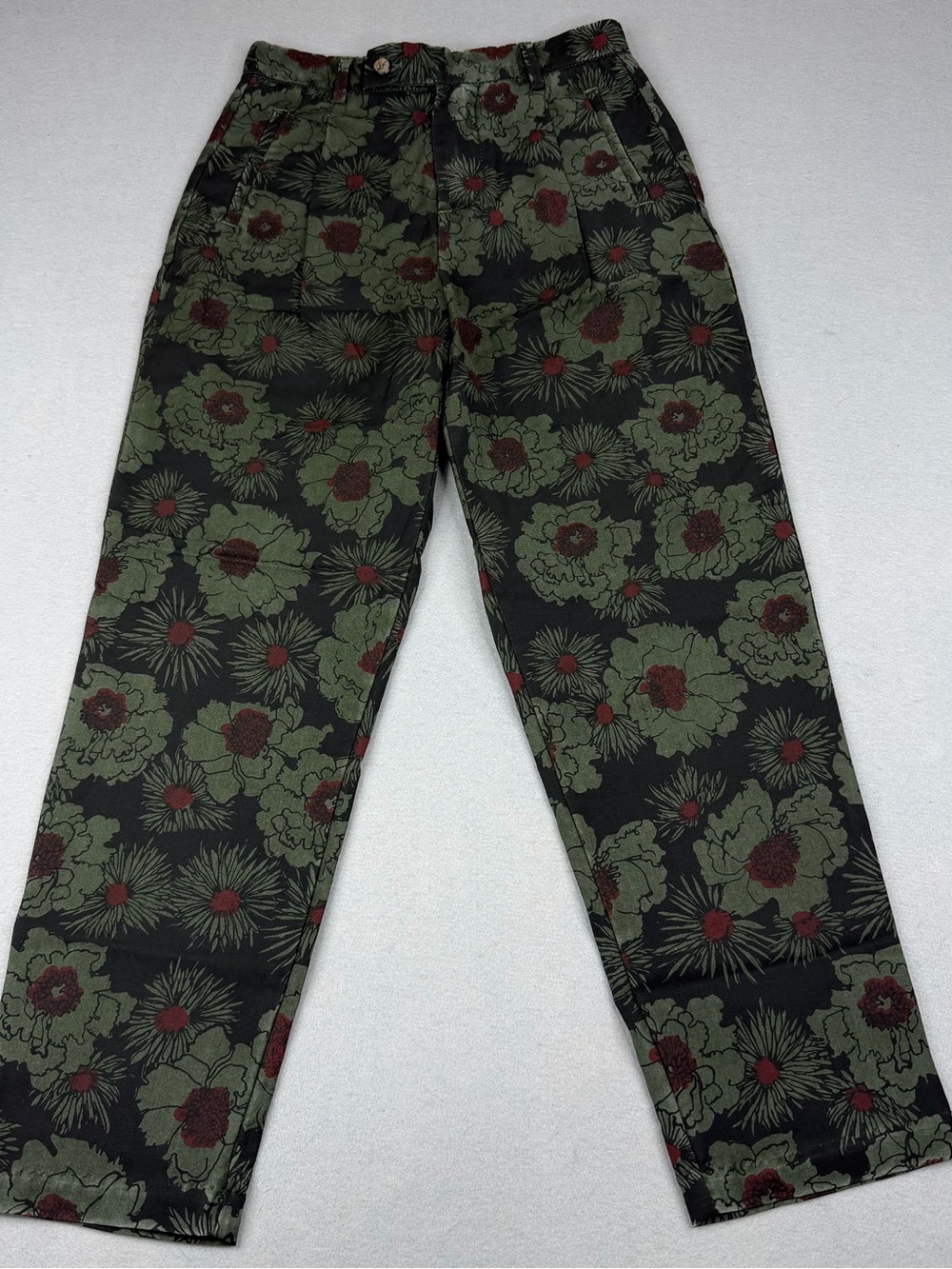 MYTHS Italy 100% Virgin Wool Floral Trousers Size 38 US 2 Olive Red Pants